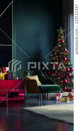 Holiday celebration with Christmas tree, gifts, and festive decor in cozy interior setting Holiday celebration with Christmas tree, gifts, and festive decor in cozy interior setting 129152387