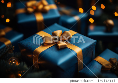 Gift boxes with ribbon, holiday celebration with blue and gold present, Christmas decorations. 129152441