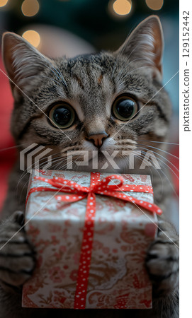 Tabby cat with a gift, perfect for festive and Christmas celebration ideas and designs 129152442