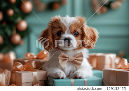 Adorable Cavalier King Charles Spaniel Puppy with Gifts and Christmas Decor 129152455