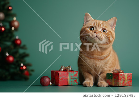 British Shorthair Cat with Christmas Gifts and Tree, Festive Holiday Scene with Decorations 129152483