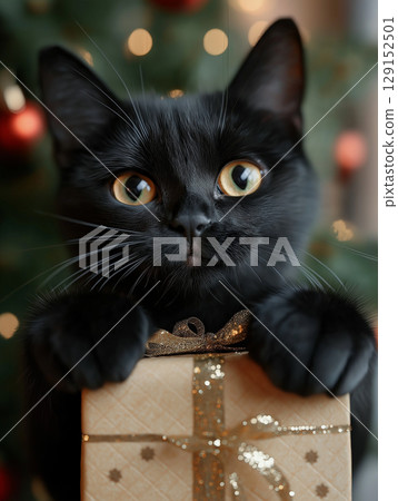 Adorable Shorthair cat in a festive setting with a gift, perfect for Christmas celebrations 129152501