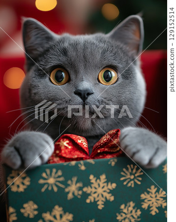 British Shorthair Christmas cat portrait with gift, adorable festive holiday scene British Shorthair Christmas cat portrait with gift, adorable festive holiday scene 129152514