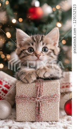 Adorable tabby kitten with gift during Christmas, cute holiday present scene Adorable tabby kitten with gift during Christmas, cute holiday present scene 129152523