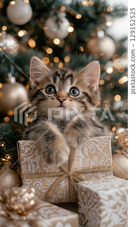 Cute tabby kitten gift with ornaments under Christmas tree, festive and adorable holiday scene Cute tabby kitten gift with ornaments under Christmas tree, festive and adorable holiday scene 129152525