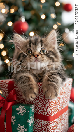NorwegianForest kitten peeking from Christmas gift with lights and ribbons in festive holiday scene NorwegianForest kitten peeking from Christmas gift with lights and ribbons in festive holiday scene 129152527