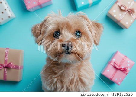 Maltese dog puppy with Christmas gifts in adorable blue portrait 129152529