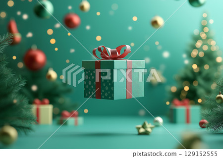Christmas holiday celebration with gift box and festive decorations, a joyful and colorful season. 129152555
