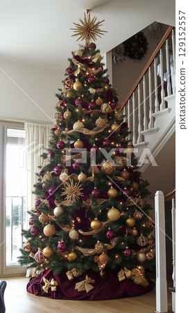 Christmas tree decor with festive ornaments and holiday sparkle in a beautiful indoor setting 129152557