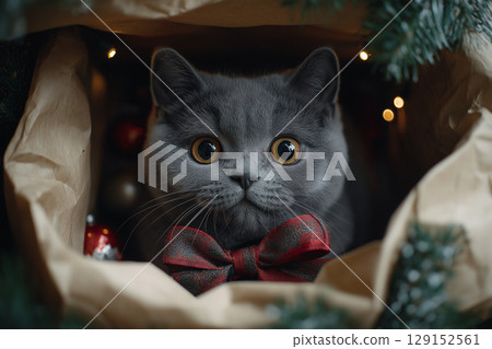 Festive British Shorthair cat with bow celebrates holiday in adorable Christmas setting Festive British Shorthair cat with bow celebrates holiday in adorable Christmas setting 129152561