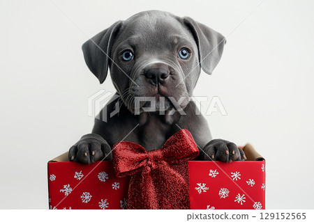 Adorable Pitbull puppy in a Christmas box with ribbon and gifts, featuring blue eyes and cute charm. Adorable Pitbull puppy in a Christmas box with ribbon and gifts, featuring blue eyes and cute charm. 129152565