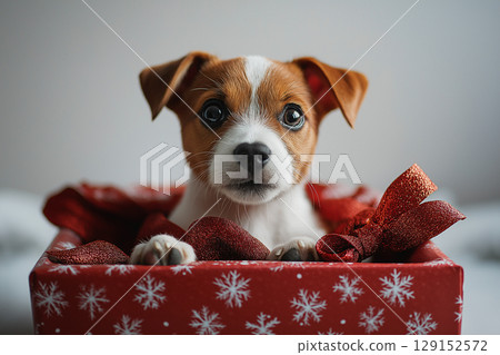 JackRussell puppy in a Christmas gift box, holiday cute dog and adorable pet present celebration 129152572