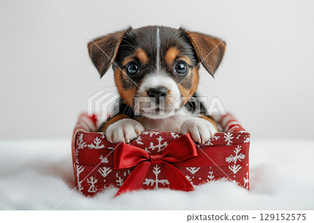 Adorable Pembroke puppy in a festive gift box, perfect for Christmas holiday animal stock images 129152575