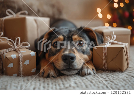 Adorable Mixed-breed Puppy Relaxing among Christmas Gifts and Cute Decor Adorable Mixed-breed Puppy Relaxing among Christmas Gifts and Cute Decor 129152581