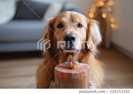 Golden Retriever dog with gift wrapped surprise for Christmas holiday cheer 129152585