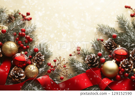 Holiday Christmas pine decorations with red ornaments and ribbon in a winter celebration scene 129152590