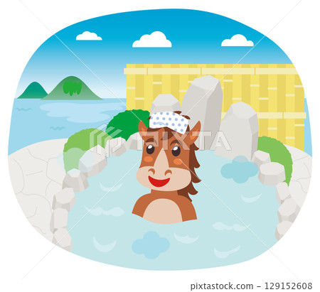 A horse soaking in an open-air bath with a view of the sea 129152608