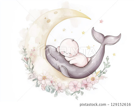 Adorable baby sleeping on a whale under the moon with flowers and stars 129152616