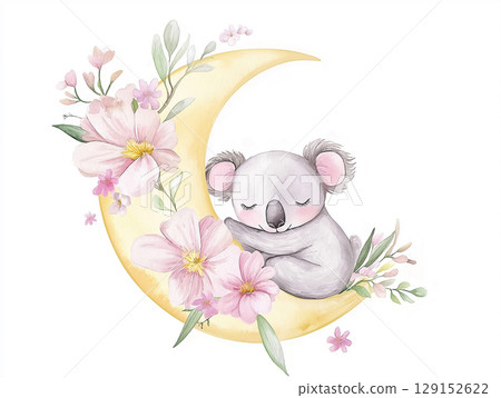 Cute koala sleeping on moon with flowers and leaves, peaceful illustration with wildlife and nature Cute koala sleeping on moon with flowers and leaves, peaceful illustration with wildlife and nature 129152622