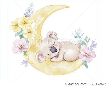 Cute koala sleeping on a moon with flowers in a whimsical illustration for art lovers Cute koala sleeping on a moon with flowers in a whimsical illustration for art lovers 129152624