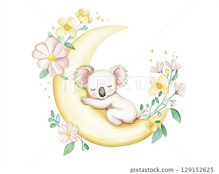 Cute koala illustration on moon with flowers and stars, perfect for art and night themes 129152625