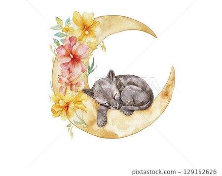 Adorable cat illustration with floral moon in watercolor, featuring sleeping kitten and flowers 129152626