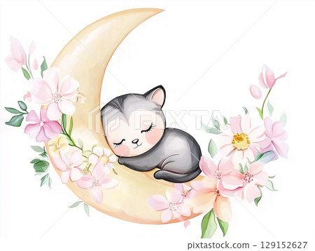 Cute illustration of a sleeping cat on a moon amidst flowers, cartoon style, floral art 129152627