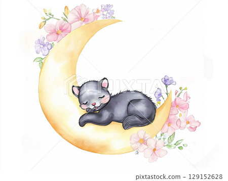 Siamese cat illustration with moon and flowers, sleeping, cute and floral night art 129152628