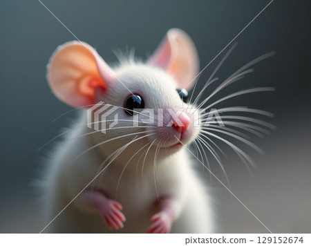 Adorable Albino Mouse with Pink Snout and Sparkling Black Eyes 129152674