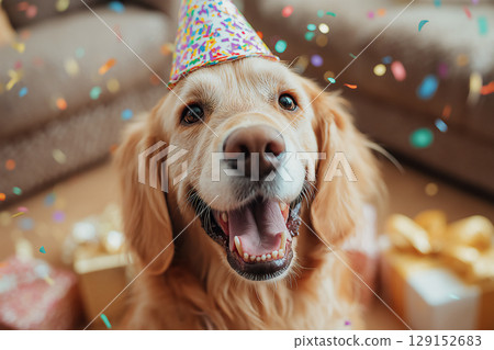 Happy Golden Retriever Dog at a Party with Confetti and Smiles in a Festive Celebration 129152683