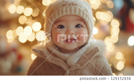 asian baby against blurred Christmas tree, New Year, banner asian baby against blurred Christmas tree, New Year, banner 129152838