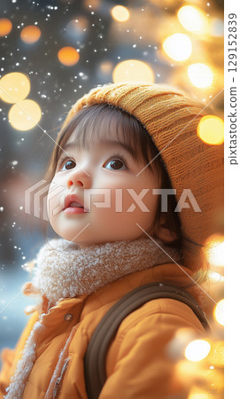 asian baby against blurred Christmas tree, New Year, banner asian baby against blurred Christmas tree, New Year, banner 129152839