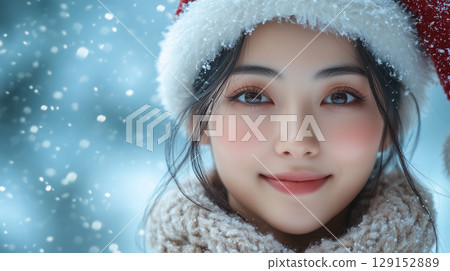 Beautiful asian woman, cosmetology, beauty, festive makeup, Merry Christmas and Happy New Year, banner with copy space 129152889