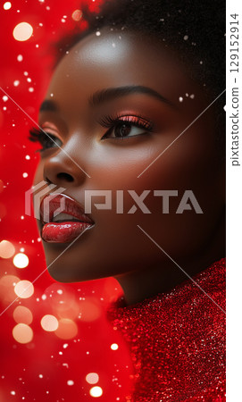 Beautiful black woman, cosmetology, beauty, festive makeup, Merry Christmas and Happy New Year, banner with copy space 129152914