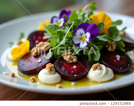 Macro View of Gourmet Beetroot Salad with Edible Flowers and Walnut Crumble 129152968