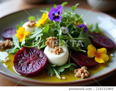 Gourmet Beetroot Salad with Whipped Goat Cheese and Walnut Crumble 129152969
