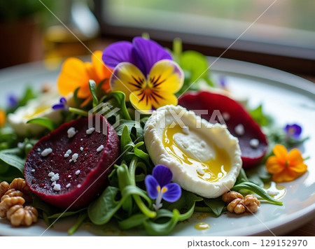 Macro Composition of Gourmet Salad with Beetroot and Edible Flowers 129152970
