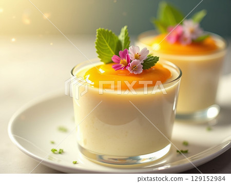 Elegant Vanilla Panna Cotta with Mango Puree and Flower Garnish 129152984
