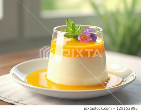 Minimalist Vanilla Panna Cotta with Mango and Mint 129152986