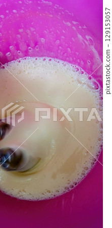 A delightful creamy mixture carefully prepared and served in an eyecatching pink bowl A delightful creamy mixture carefully prepared and served in an eyecatching pink bowl 129153057