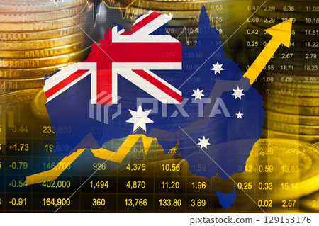 Australia flag with stock market finance, economy trend graph digital technology. 129153176