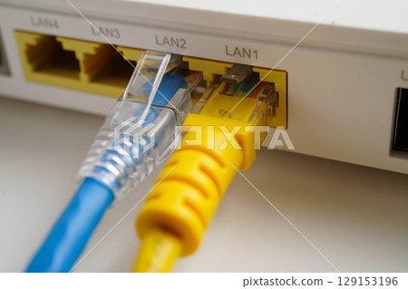 Ethernet cable with wireless router connect to internet service provider network. 129153196