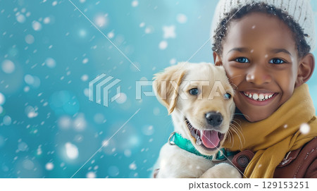Winter Joy: Black Boy Hugs Labrador Puppy. Copy Space Banner. Generative AI 129153251