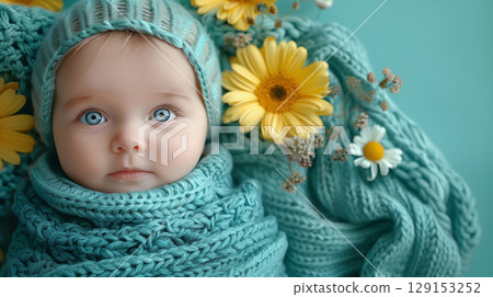 Children's Day: Baby Wrapped in Blue Blanket. Banner with Copy Space. Generative AI Children's Day: Baby Wrapped in Blue Blanket. Banner with Copy Space. Generative AI 129153252