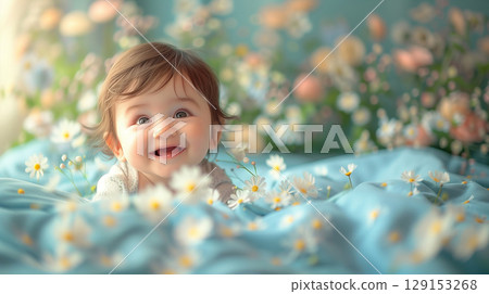 Children's Day Serenity: Sweet Baby on a Cozy Blue Blanket. Generative AI 129153268