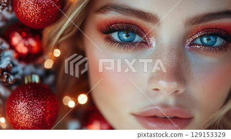 Beautiful woman, cosmetology, beauty, festive makeup, Merry Christmas and Happy New Year, banner with copy space 129153329