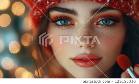 Beautiful woman, cosmetology, beauty, festive makeup, Merry Christmas and Happy New Year, banner with copy space 129153330