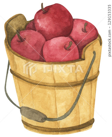 Fresh Apples in Vintage Wooden Bucket. Red Fruits, Wooden Barrel, Autumn Harvest Decor. Organic Farm and Garden. Watercolor Autumn Farmhouse Food Illustration for Thanksgiving. Fresh Apples in Vintage Wooden Bucket. Red Fruits, Wooden Barrel, Autumn Harvest Decor. Organic Farm and Garden. Watercolor Autumn Farmhouse Food Illustration for Thanksgiving. 129153335
