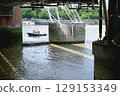 Boat under the bridge on the river Thames in central London on a sunny day 129153349