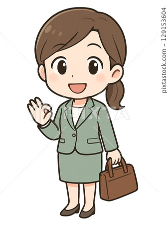 A businesswoman in a suit holding a bag and smiling and giving an OK sign 129153604